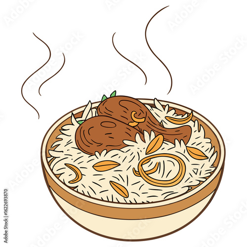 Illustration of a steaming bowl of chicken biryani, a flavorful rice dish