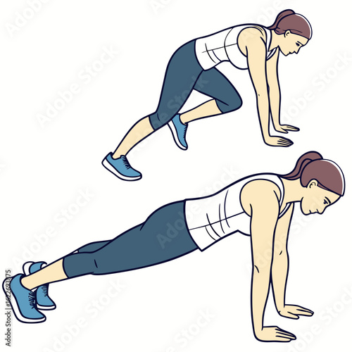 Illustration of a woman performing the mountain climber exercise isolated on white background