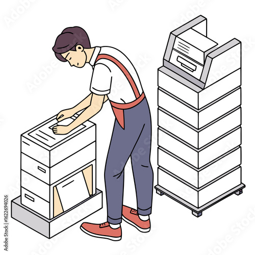 Man stacking boxes in a warehouse isolated on white background