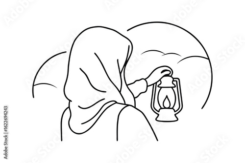 Line drawing a person holding a lantern with a curved element light flame