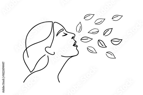 Minimalist line art a woman blowing autumn leaves on a fall