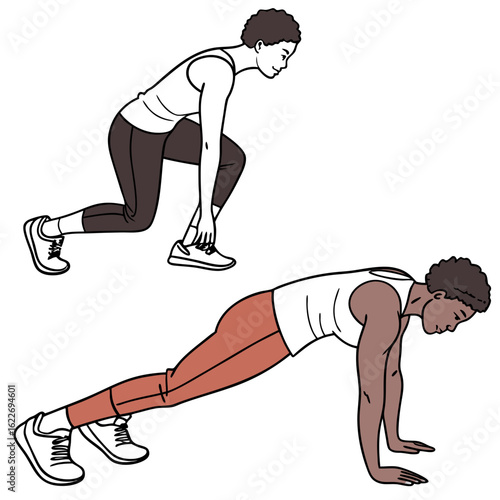Woman performing plank and lunge exercises isolated on white background
