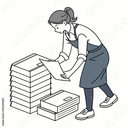 Woman organizing documents in an office isolated on white background