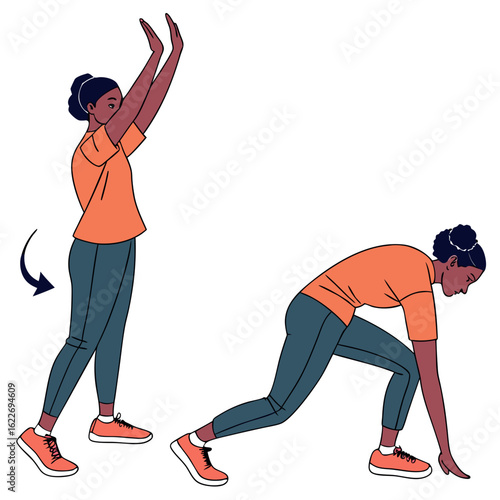 Woman performing standing and lunge exercises isolated on white background