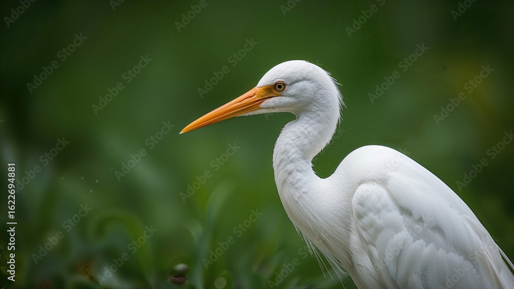 Obraz premium Close-up profile of a cattle egret featuring vibrant white and orange plumage against a lush backdrop