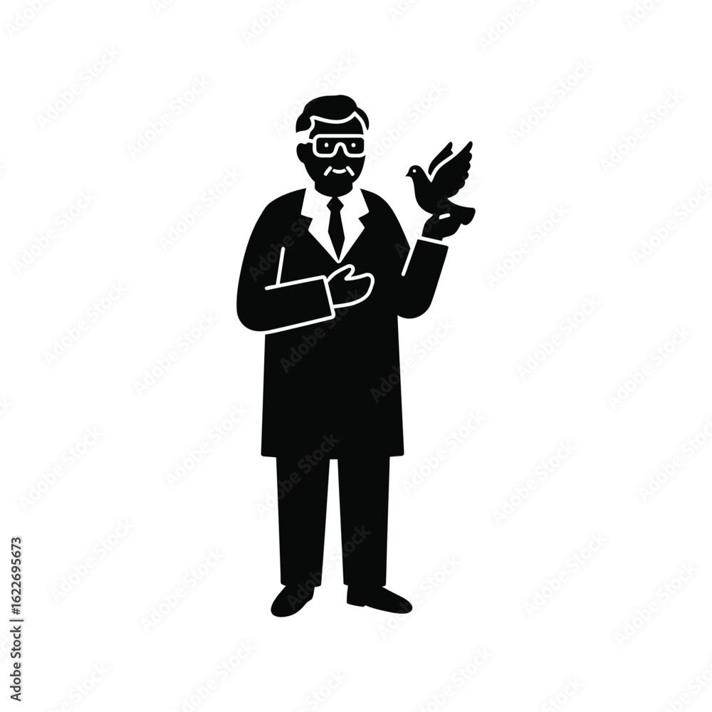 Obraz premium Man in a coat holding a dove, peace and freedom symbol illustration