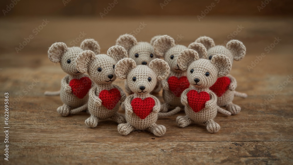 Obraz premium Soft knitted rodents hugging red heart shapes