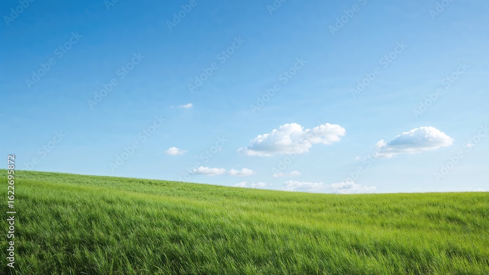 Expansive grassy incline under a bright, cloud-streaked sky Expansive grassy incline under a bright, cloud-streaked sky