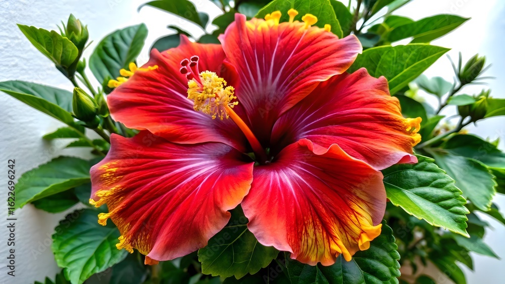 Obraz premium Hibiscus flower: A vibrant hibiscus flower, with its stunning red and yellow petals, displays the intricate details of nature in full bloom.