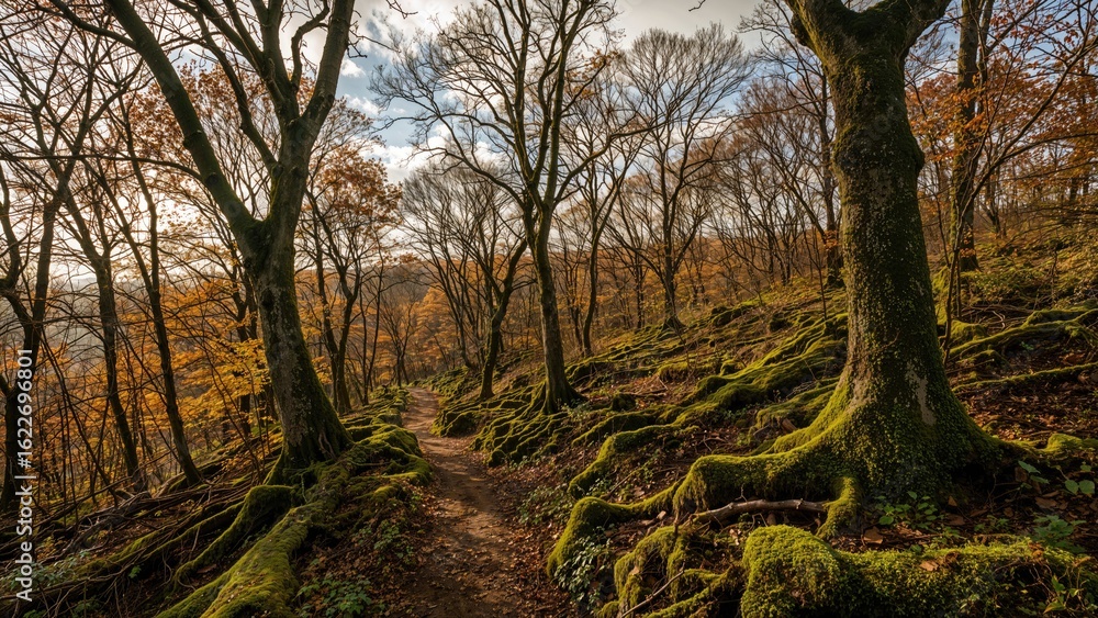 Naklejka premium Dense moss-covered forest within a conservation zone