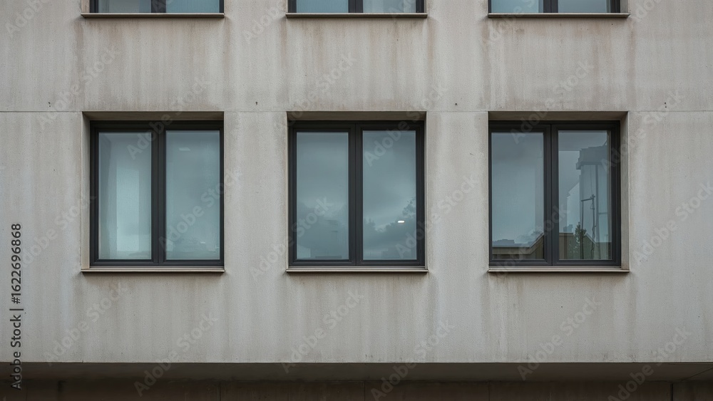 Contemporary apartment building facade displaying several windows lined up in a sequence, front angle Contemporary apartment building facade displaying several windows lined up in a sequence, front angle