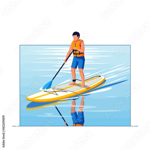 Flat vector illustration of a person paddle boarding on calm water, wearing a life jacket, summer water sport, isolated on white