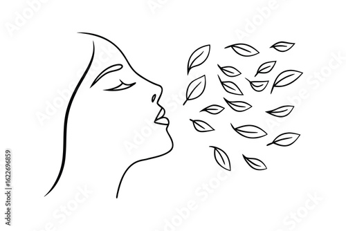 Woman blowing leaves in a joyful gesture on face profile