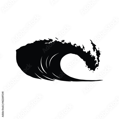 Black silhouette of a large ocean wave, nature and surfing symbol