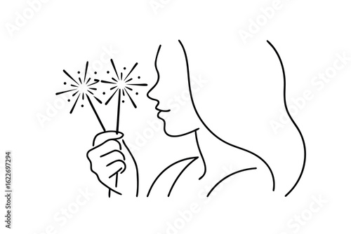 Woman holding sparklers in minimalist line art style on celebration firework