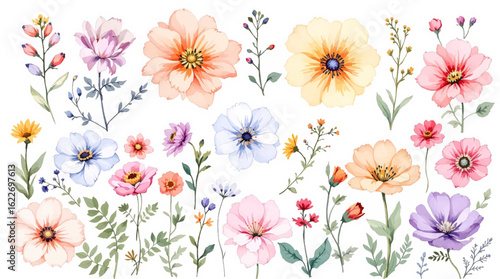 Set of watercolor flower illustration. Use by fabric, fashion, wedding invitation, template, poster, romance, greeting, spring, bouquet, pattern, decoration and textile