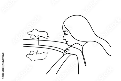 Woman leaning on bridge railing gazing at water with reflection vector