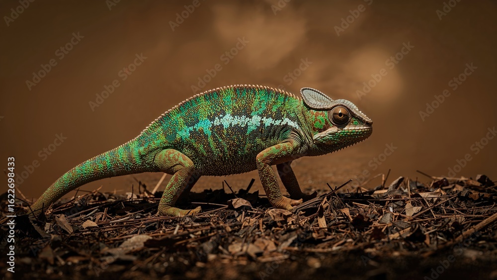 Fototapeta premium Color-changing reptile stalking prey among trees.