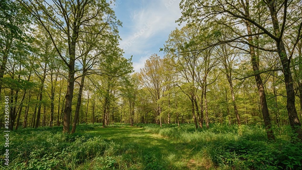 Green foliage trees thriving in a forest in spring Green foliage trees thriving in a forest in spring