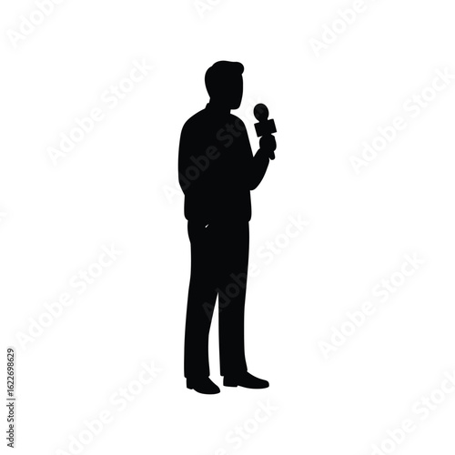 Black silhouette of a reporter with a microphone, news and media concept