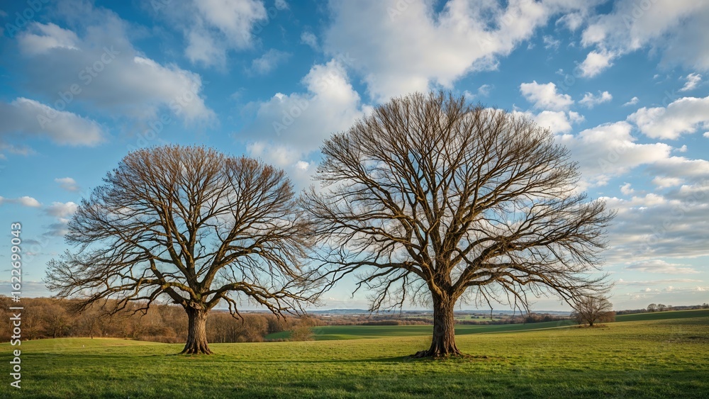 Fototapeta premium Two leafless trees standing in a rural landscape