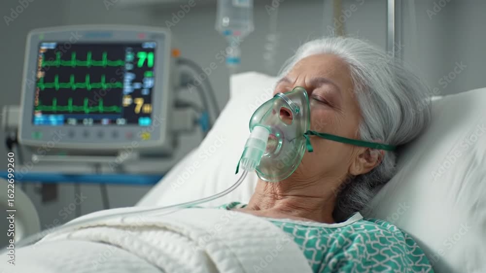 Hospitalized senior woman with oxygen mask and IV drip, vital signs monitor displaying medical data