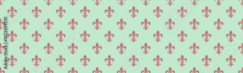 Elegant repeating pattern of dusty rose fleurdelis on a mint green background.  Perfect for adding a touch of sophisticated vintage style to websites, stationery, fabric designs, and more.