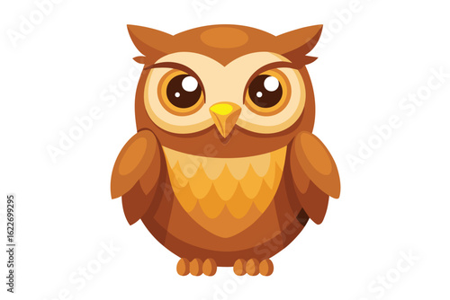 Cartoon Brown Owl Illustration with Large Eyes and Detailed Feathering on a White Background
