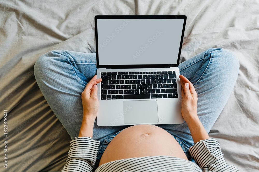 Naklejka premium Pregnant woman using laptop at home. Pregnant belly of expectant mother with computer.