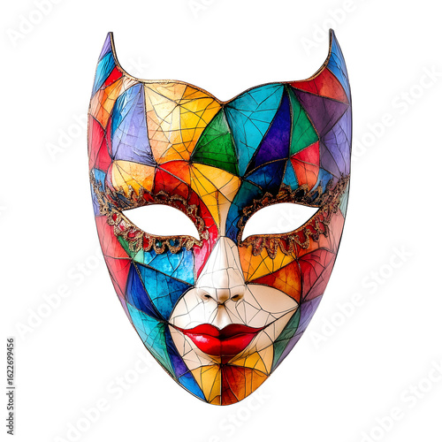 Vibrant Colorful Venetian Mask with Geometric Design on Isolated Background