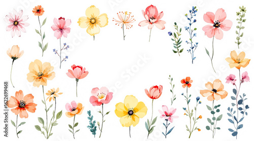 Floral set, flowers and leaves, watercolor digital illustration for greeting card, poster, invitation and other printing design. Isolated on white. Hand drawn.