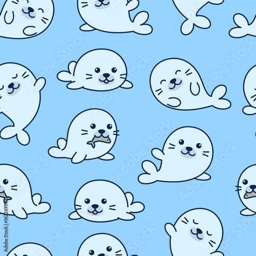 Simple kawaii seal, fur seal seamless pattern, background. Cute kids, children cartoon style drawings, illustrations