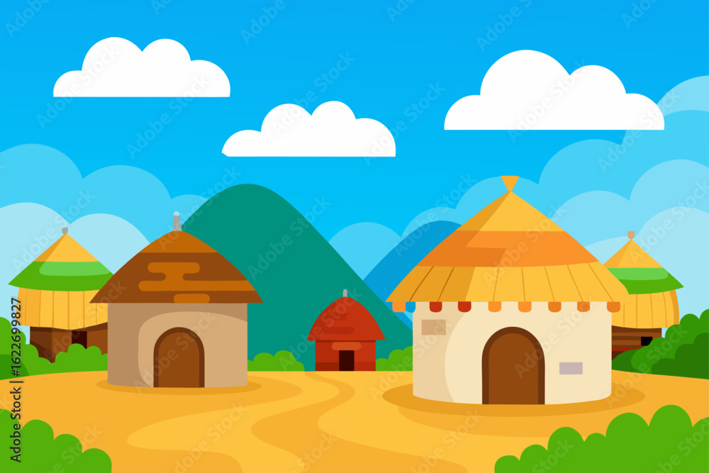 Fototapeta premium Cottage in a mountain landscape with trees, green grass, and a village under a summer sky