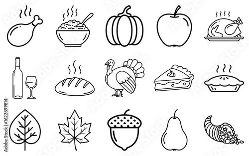Thanksgiving line art food icon set, holiday dinner outline vector collection