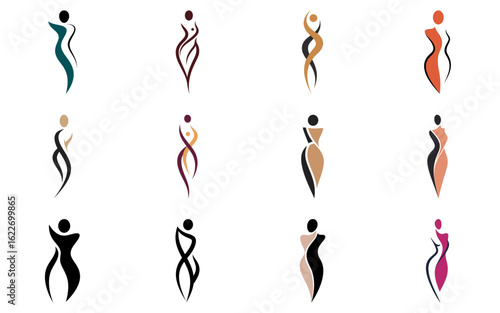 Abstract female body logo set, elegant woman icon, modern beauty and fashion concepts
