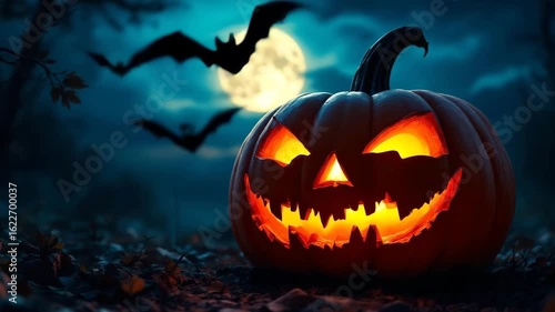 Glowing jack-o-lantern with bats flying at night halloween celebration