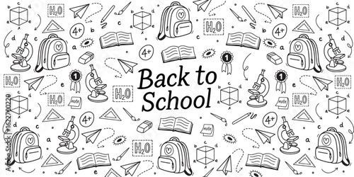 Back to School rectangular banner doodle sketch set with educational elements. Black and white vector doodle with school elements. Notebook, books, paints. Vector illustration for study, school
