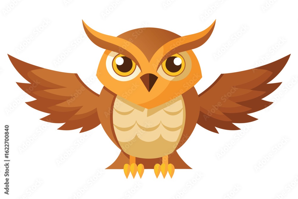 Fototapeta premium Cartoon Owl with Open Wings, Brown Feathers, Large Eyes, and Yellow Beak