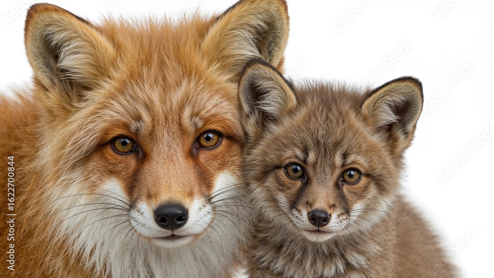 Fototapeta premium Close-up of an adult fox with a juvenile fox against a plain white backdrop