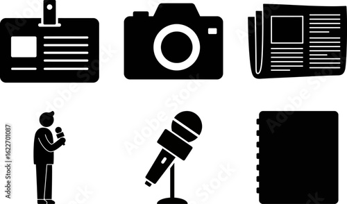Media and journalism icons set, photo camera, newspaper, reporter, and notebook symbols