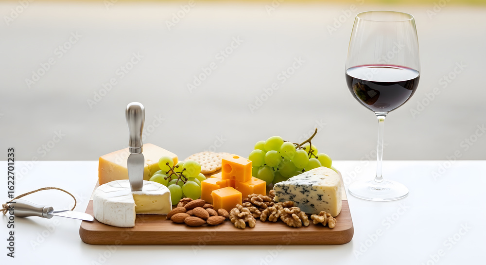 An elegant appetizer board featuring a curated selection of fine cheeses, fruits, and nuts, perfectly paired with a glass of rich red wine for a sophisticated tasting experience. An elegant appetizer board featuring a curated selection of fine cheeses, fruits, and nuts, perfectly paired with a glass of rich red wine for a sophisticated tasting experience.