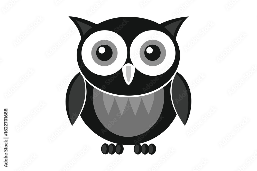 Fototapeta premium Cute Cartoon Owl with Big Eyes, Black and Gray Colors on White Background