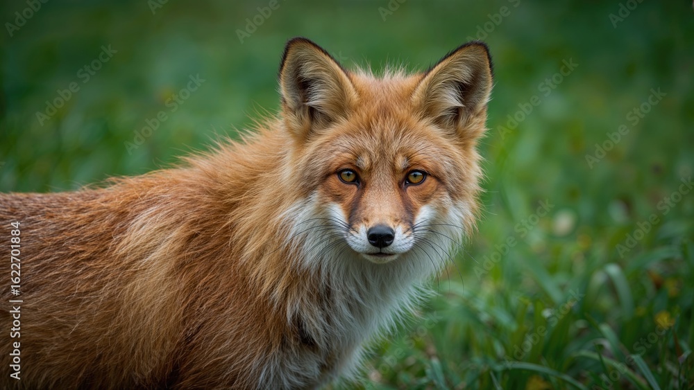 Fototapeta premium Detailed image of a red fox with a green scenery