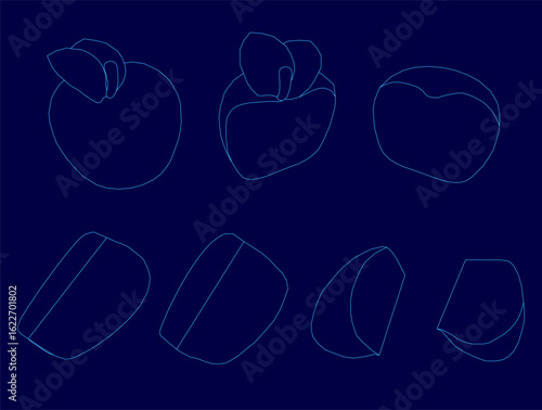 Apple contour shapes illustrate a step-by-step drawing guide on a vibrant blue background. Simple cartoon-style outlines showcase unique textures and forms.