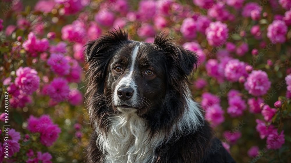 Fototapeta premium Border collie dog captured in natural floral surroundings