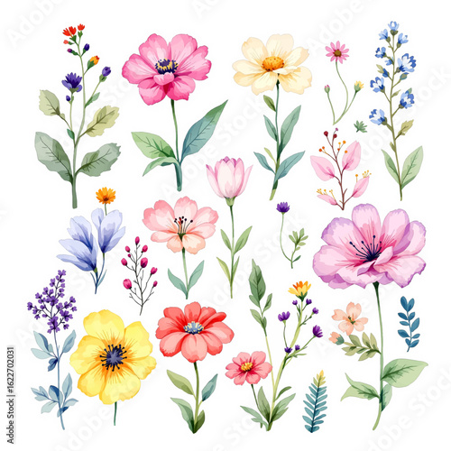 Wallpaper Mural Watercolor floral clipart set. Blue, pink, violet and yellow wild chamomile, daisy flowers, branches, leaves and twigs. Torontodigital.ca