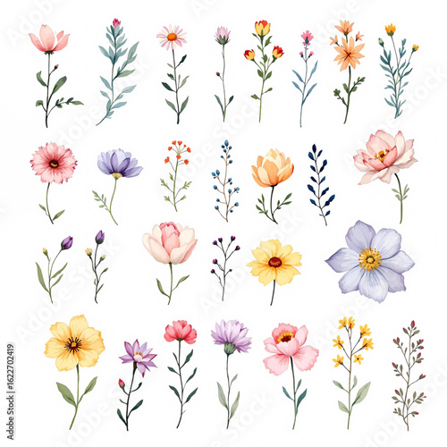 Watercolor floral illustration elements set - green leaves, pink peach purple blue flowers. Wedding invitations, greetings, wallpapers, fashion, prints.