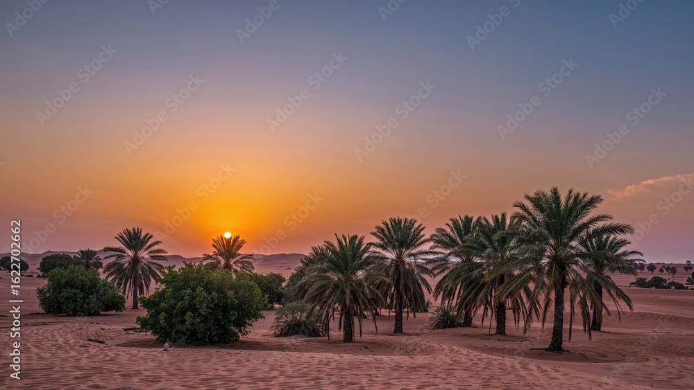Obraz premium Vibrant desert sunset over an oasis with lush palms and rolling dunes