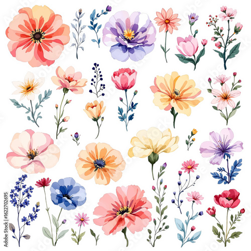 Watercolor floral illustration elements set - green leaves, pink peach purple blue flowers. Wedding invitations, greetings, wallpapers, fashion, prints.