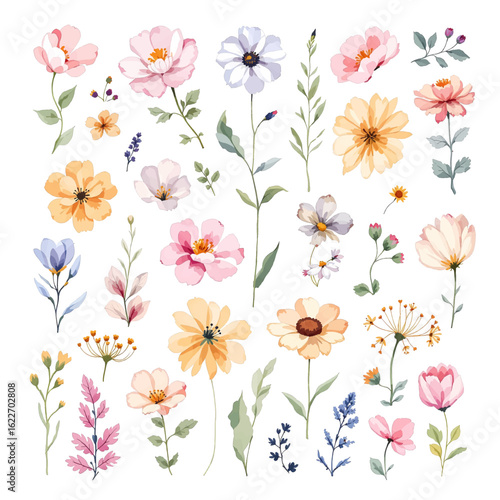 Watercolor floral illustration elements set - green leaves, pink peach purple blue flowers. Wedding invitations, greetings, wallpapers, fashion, prints.